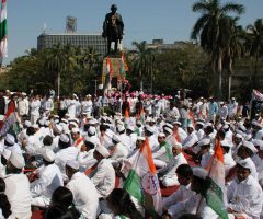 Mumbai: Congress Party workers participate in Prerna Yatra to celebrates Centenary of arrival of Mahatma Gandhi in India from South Africa at Gateway of India, In Mumbai on Friday. PTI Photo Mohan Bane