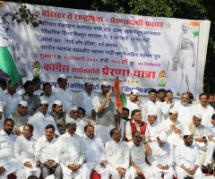 Mumbai:  Maharashtra Pradesh Congress Committee President (MPCC) Manikrao Thackeray speaks during Prerna Yatra to celebrates Centenary of arrival of Mahatma Gandhi in India from South Africa near Mantralaya in South Mumbai on Friday. PTI Photo Mohan Bane